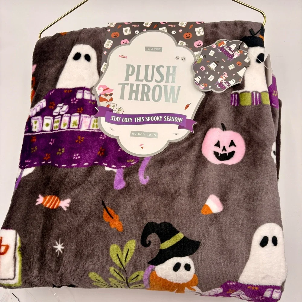 EnVogue Halloween Ghosts Playing Mahjong Plush Throw Blanket 60x70 Gray Pink